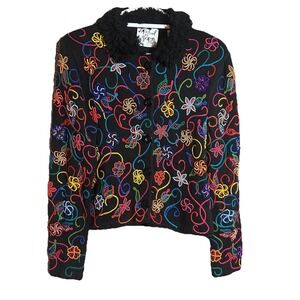 Vintage Michael Simon Cardigan Women L Black Floral Embroidered Beaded Artsy NWT